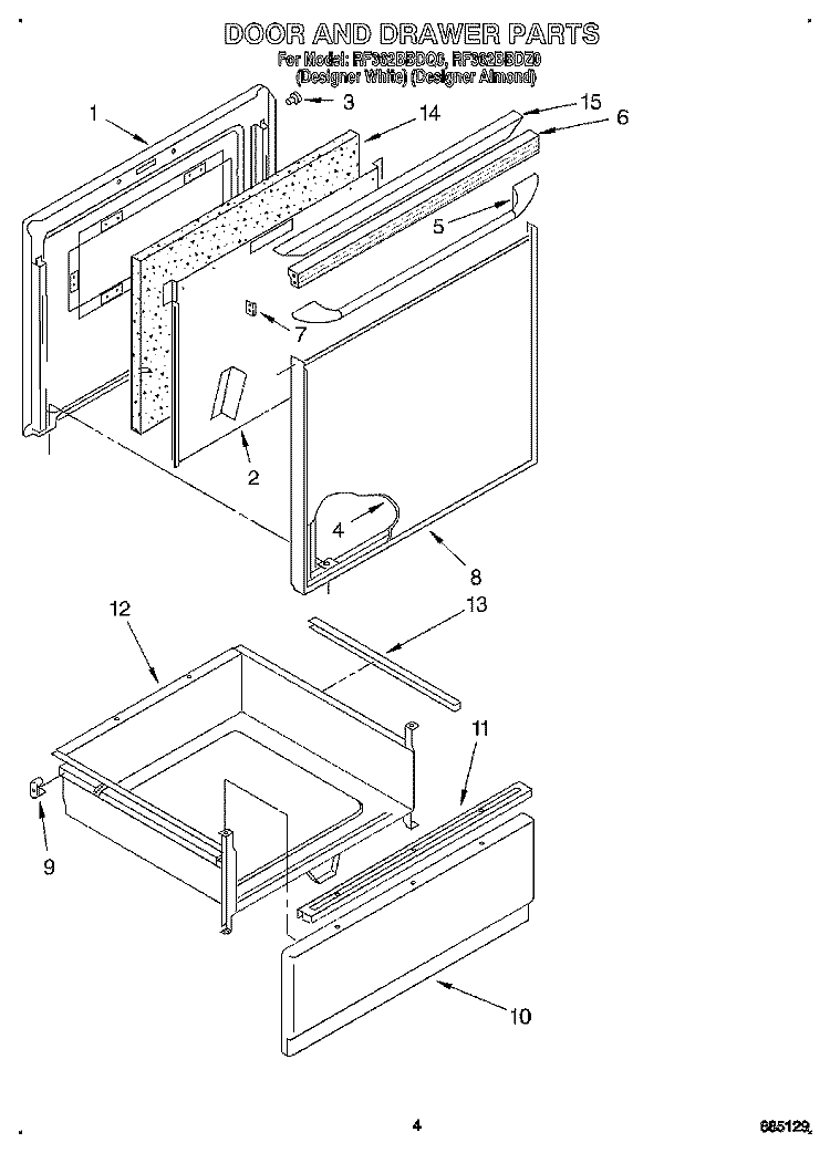 DOOR AND DRAWER Diagram and Parts List for RF362BBDQ0  Whirlpool Range