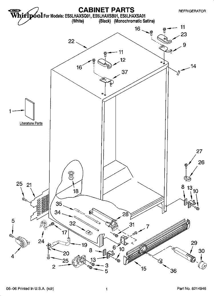CABINET PARTS Diagram and Parts List for ES5LHAXSQ01  Whirlpool Refrigerator