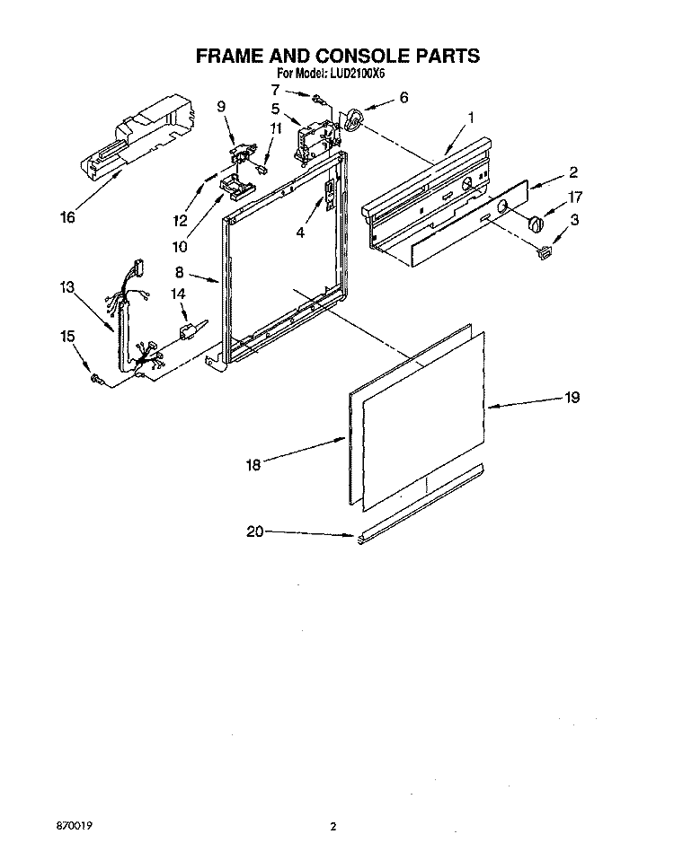 FRAME AND CONSOLE Diagram and Parts List for LUD2100X6  Whirlpool Dishwasher