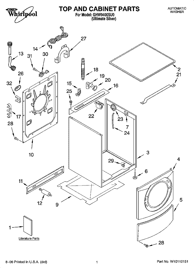TOP AND CABINET PARTS Diagram and Parts List for GHW9400SU0  Whirlpool Washer