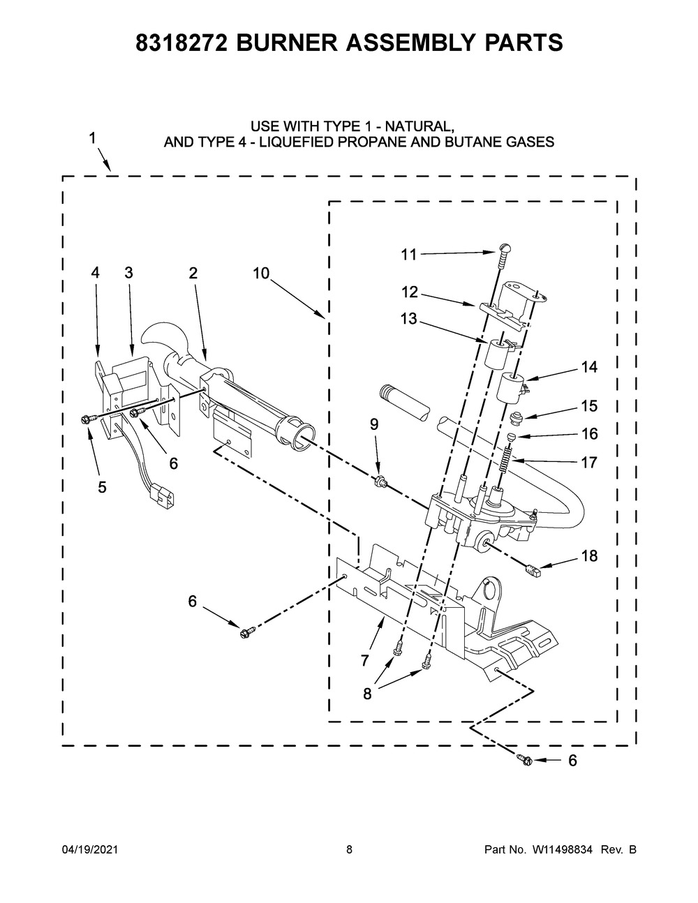 8318272 Burner Assembly Parts Diagram and Parts List for 7MMGDC300DW4  Whirlpool Washer
