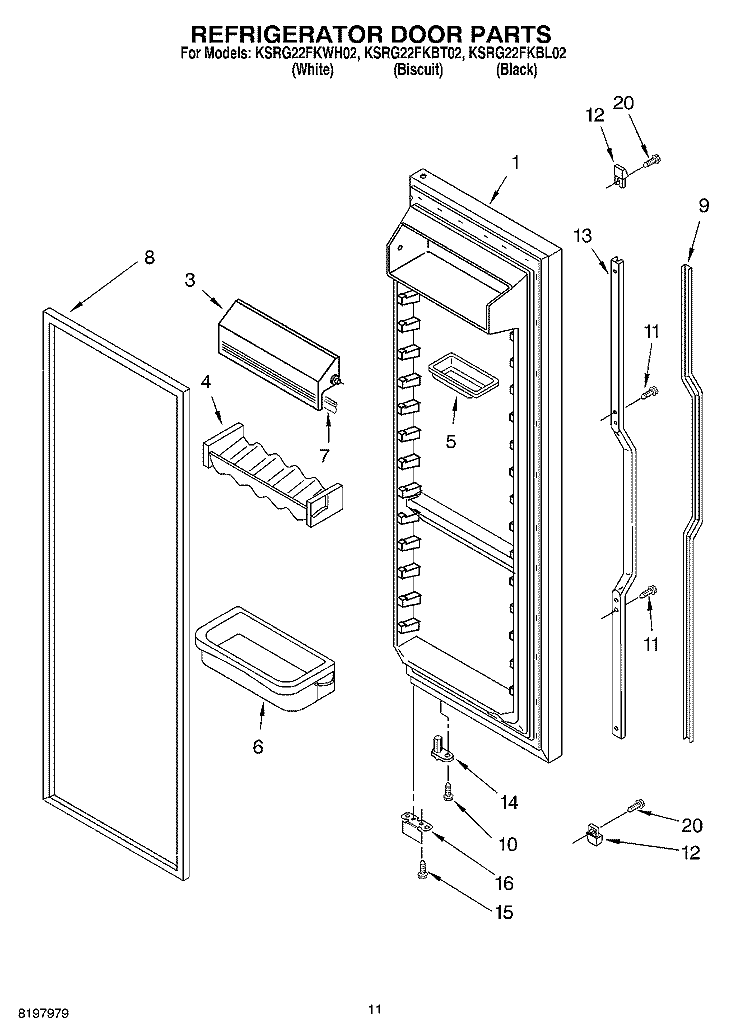REFRIGERATOR DOOR Diagram and Parts List for KSRG22FKBL02  KitchenAid Refrigerator