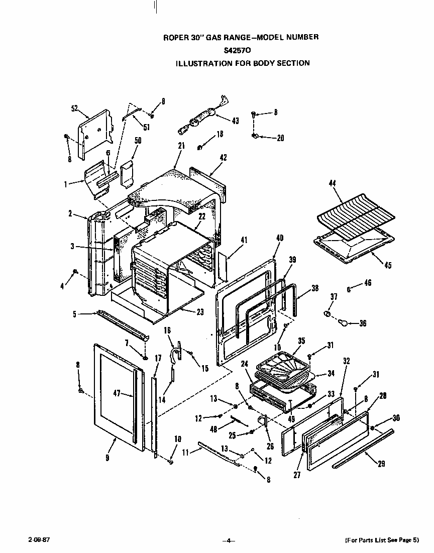 Body Section Diagram and Parts List for S4257*0  Roper Range