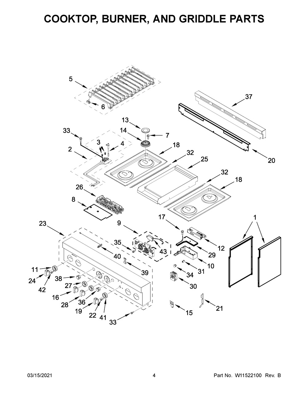 Cooktop, Burner, And Griddle Parts Diagram and Parts List for JGRP536HM01  Whirlpool Range