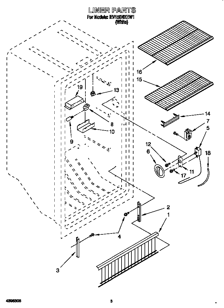 Liner Diagram and Parts List for EV150NXEW1  Whirlpool Freezer