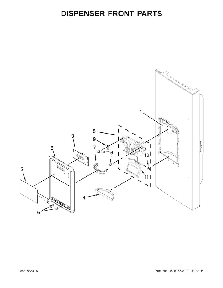 Dispenser Front Parts Diagram and Parts List for KRFC400ESS00  KitchenAid Refrigerator