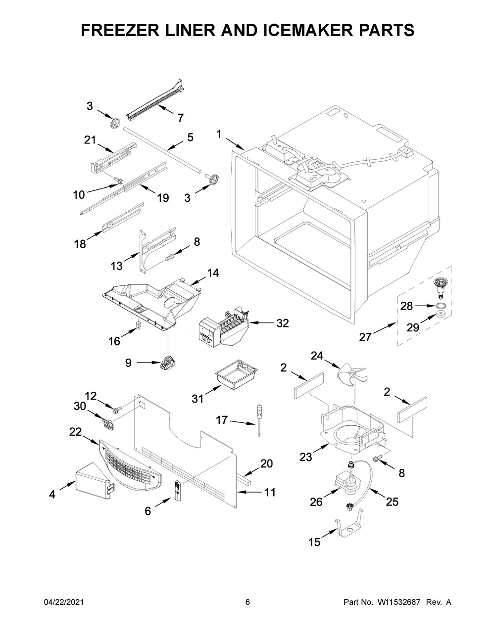 Freezer Liner And Icemaker Parts Diagram and Parts List for WRB329DMBB03  Whirlpool Refrigerator