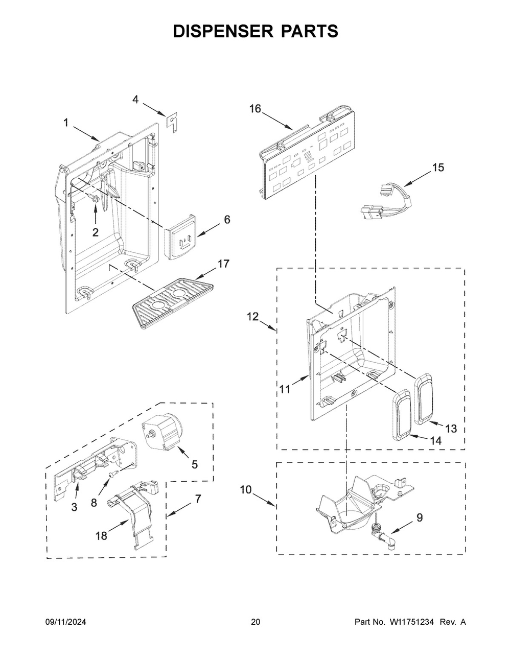 11 - Dispenser Parts Diagram and Parts List for JBSS48E22L01  Whirlpool Refrigerator