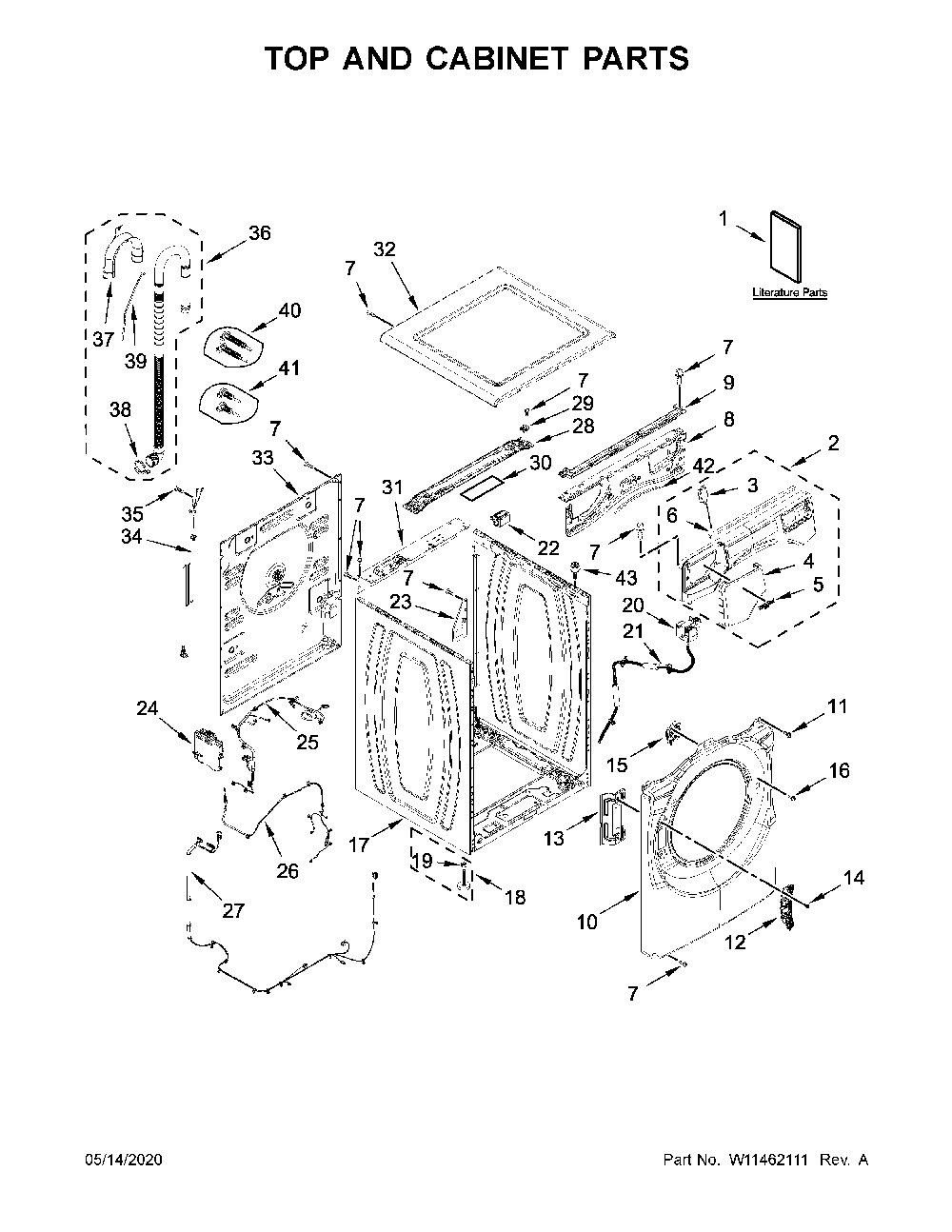 Top and cabinet parts Diagram and Parts List for WFW5620HW2  Whirlpool Washer