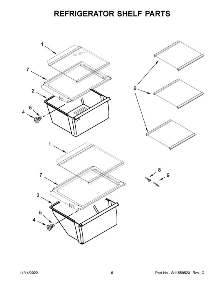 Refrigerator Shelf Parts 2 Diagram and Parts List for WRS312SNHM06  Whirlpool Refrigerator