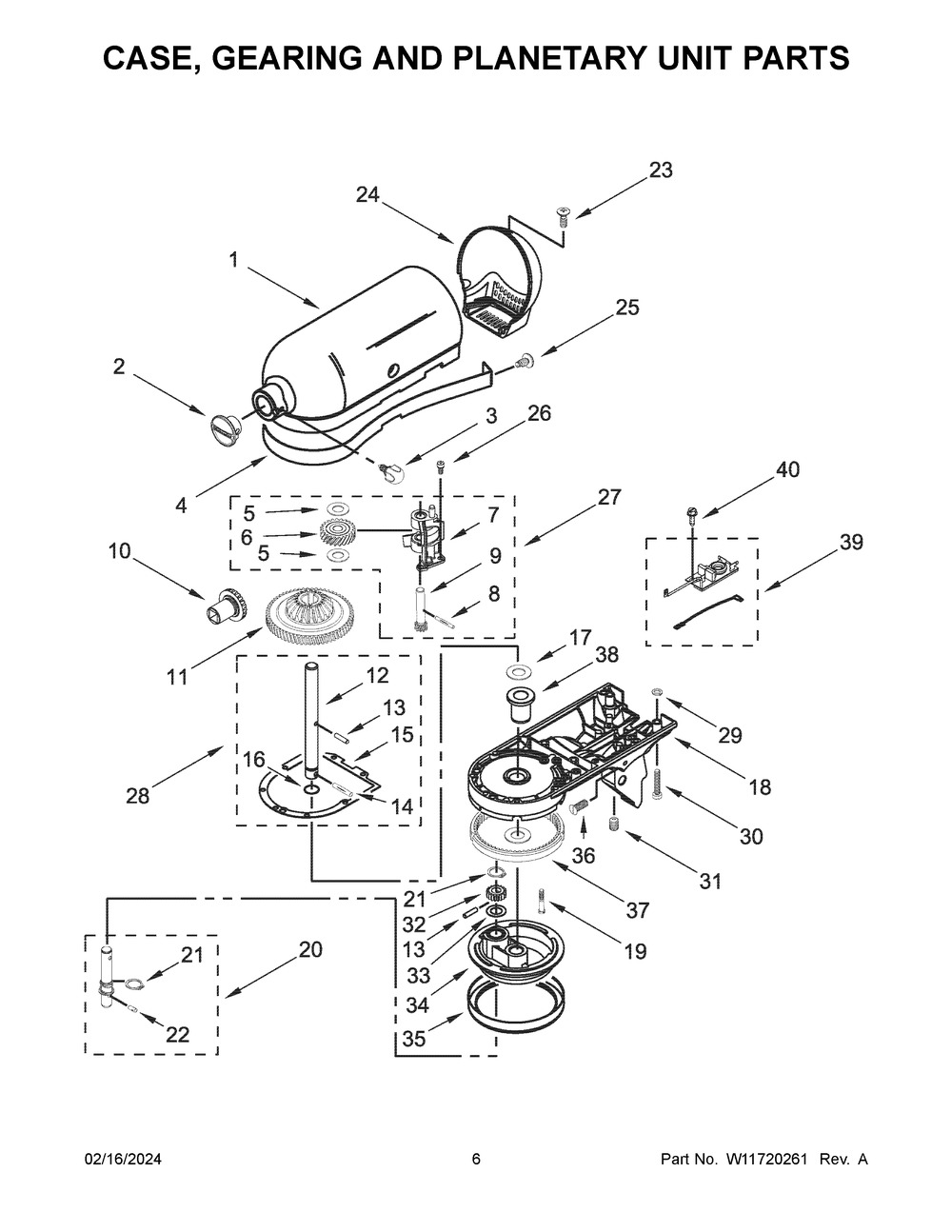 Case, Gearing And Planetary Unit Parts Diagram and Parts List for 5KSM192XDABK5  KitchenAid Mixer
