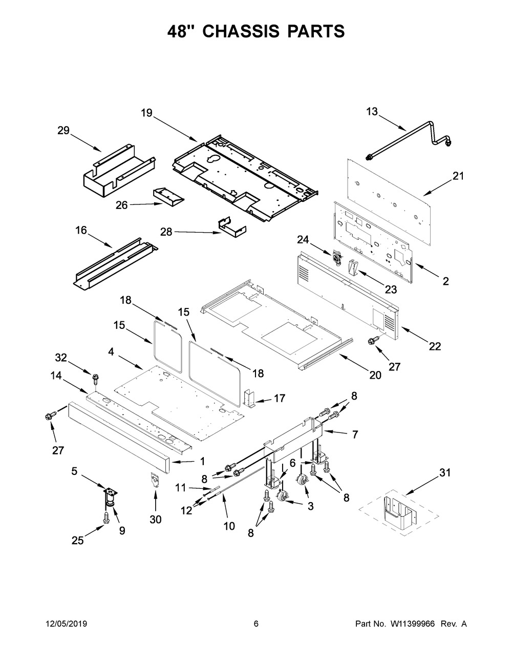 48" Chassis Parts Diagram and Parts List for KFDC558JSC00  Whirlpool Range
