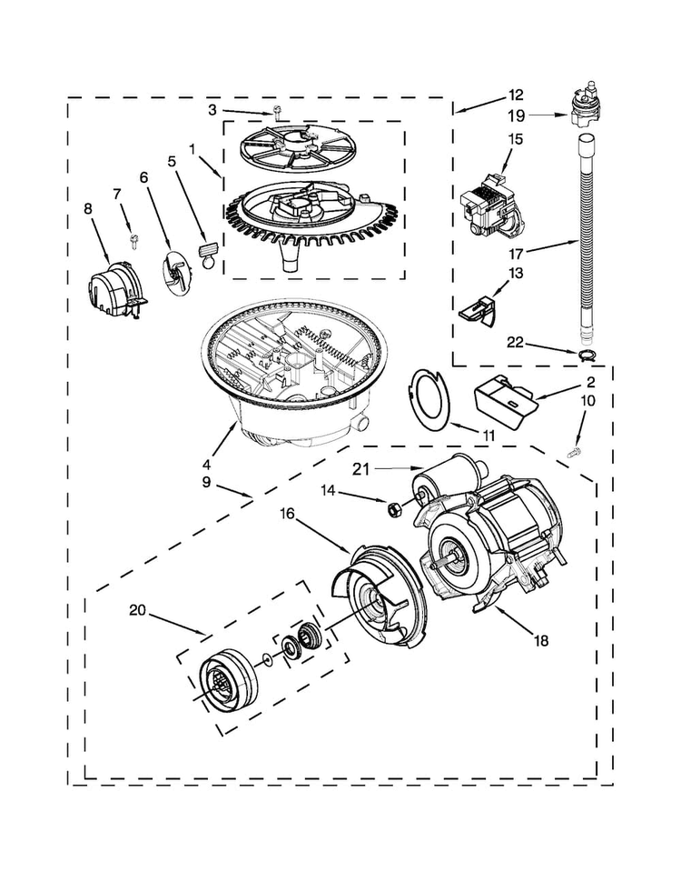 Pump, Washarm And Motor Parts Diagram and Parts List for KUDS30FXWHA  KitchenAid Dishwasher