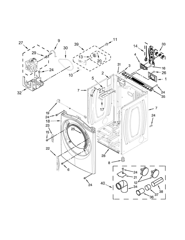 Cabinet Parts Diagram and Parts List for WED75HEFW0  Whirlpool Dryer
