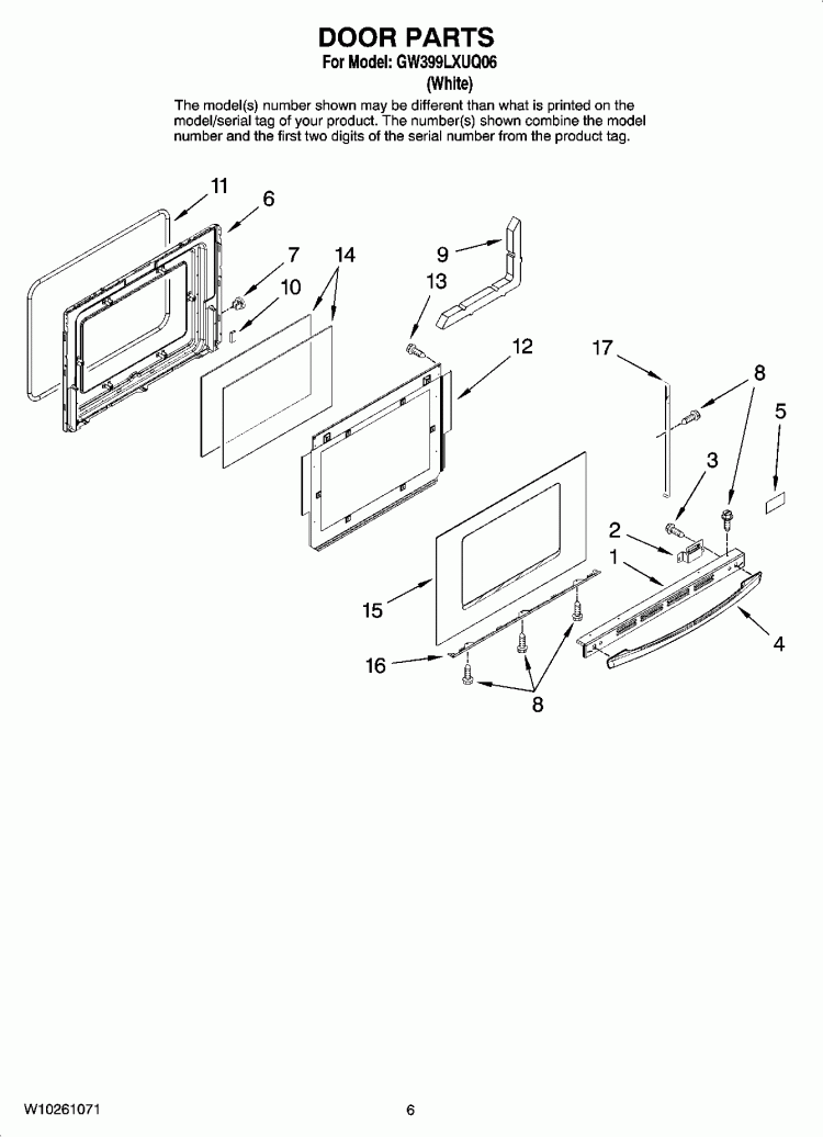 DOOR PARTS Diagram and Parts List for GW399LXUQ06  Whirlpool Range