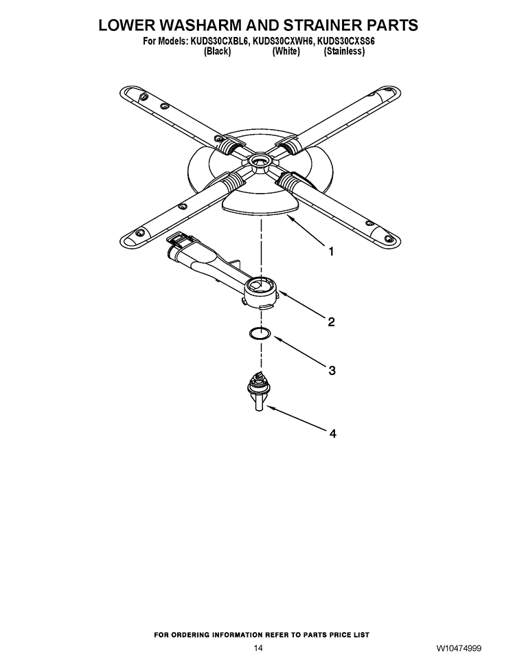 LOWER WASHARM AND STRAINER PARTS Diagram and Parts List for KUDS30CXBL6  KitchenAid Dishwasher