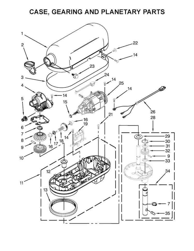 Case, Gearing And Planetary Parts Diagram and Parts List for KG25H0XIC5  KitchenAid Mixer