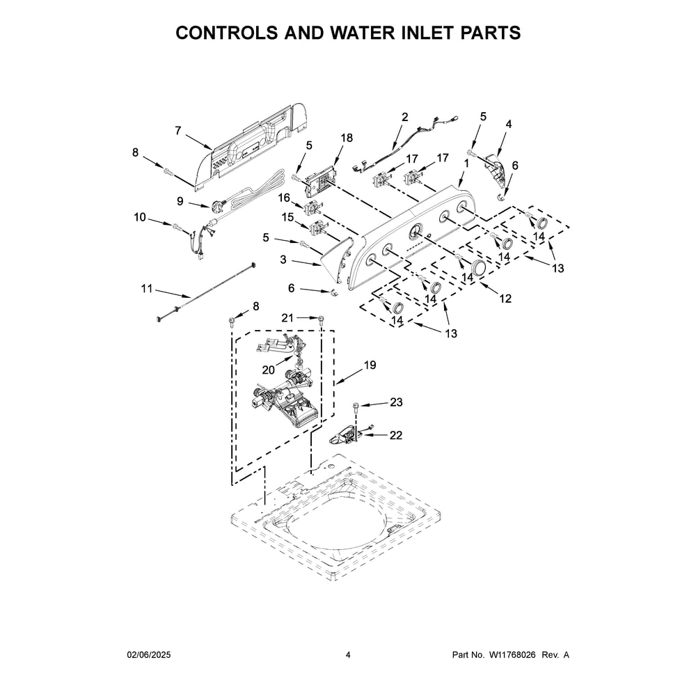 Controls And Water Inlet Parts Diagram and Parts List for 4KWTW5900JW2  Whirlpool Washer