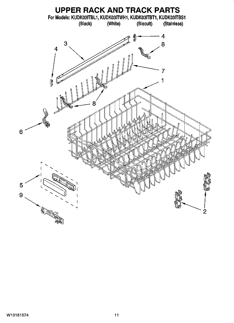 UPPER RACK AND TRACK PARTS Diagram and Parts List for KUDK03ITBT1  KitchenAid Dishwasher