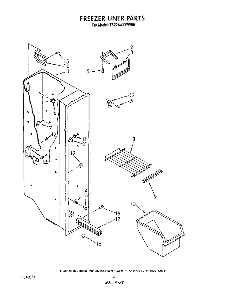 FREEZER LINER Diagram and Parts List for TS22AWXWW00  Whirlpool Refrigerator