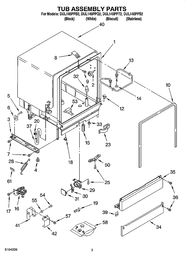TUB ASSEMBLY PARTS Diagram and Parts List for DUL140PPQ2  Whirlpool Dishwasher