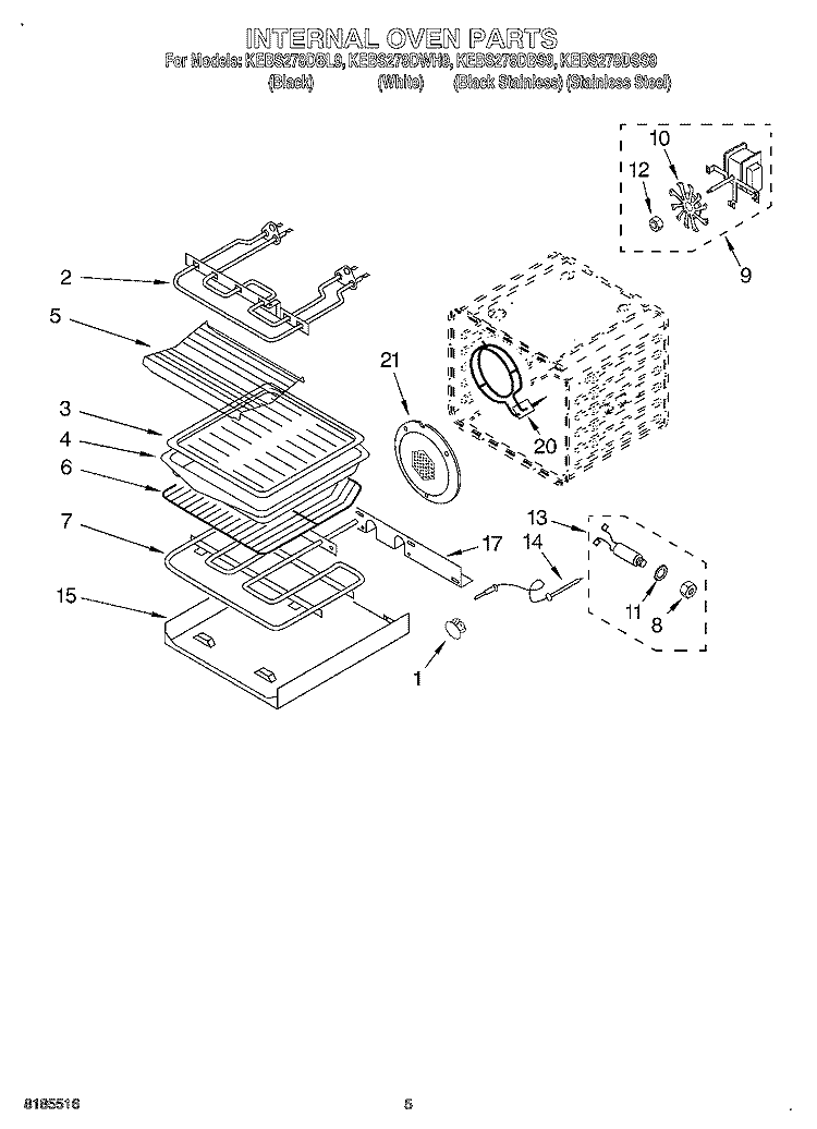 INTERNAL OVEN Diagram and Parts List for KEBS278DBL9  KitchenAid Wall Oven
