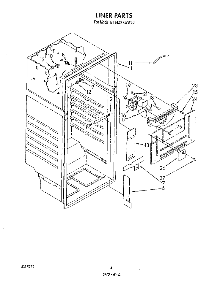 LINER Diagram and Parts List for ET14ZKXWN00  Whirlpool Refrigerator