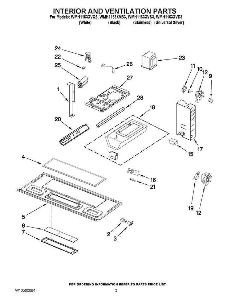 INTERIOR AND VENTILATION PARTS Diagram and Parts List for WMH1163XVB3  Whirlpool Microwave