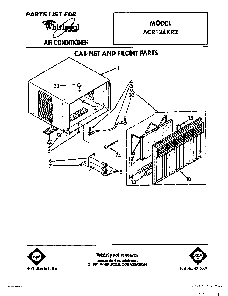 CABINET AND FRONT PARTS Diagram and Parts List for ACR124XR2  Whirlpool Air Conditioner
