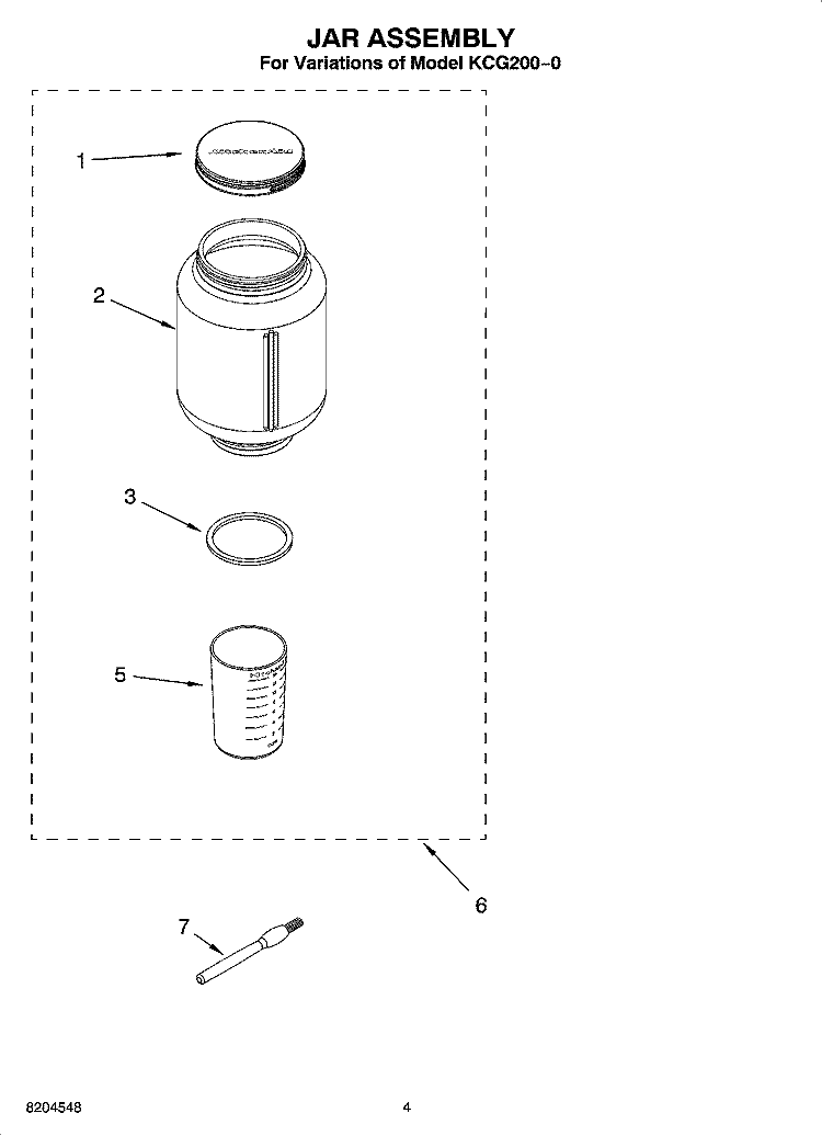 JAR ASSEMBLY Diagram and Parts List for KCG200-0  KitchenAid Coffee Grinder
