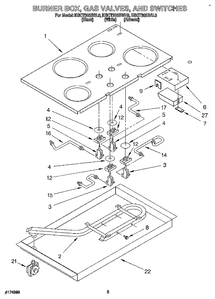 BURNER BOX, GAS VALVES, AND SWITCHES Diagram and Parts List for KGCT305BBL0  KitchenAid Cooktop