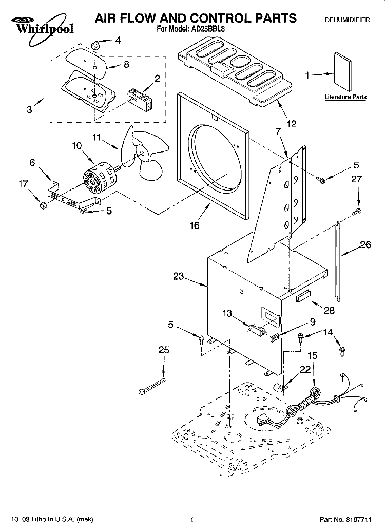 AIR FLOW AND CONTROL PARTS Diagram and Parts List for AD25BBL8  Whirlpool Dehumidifier