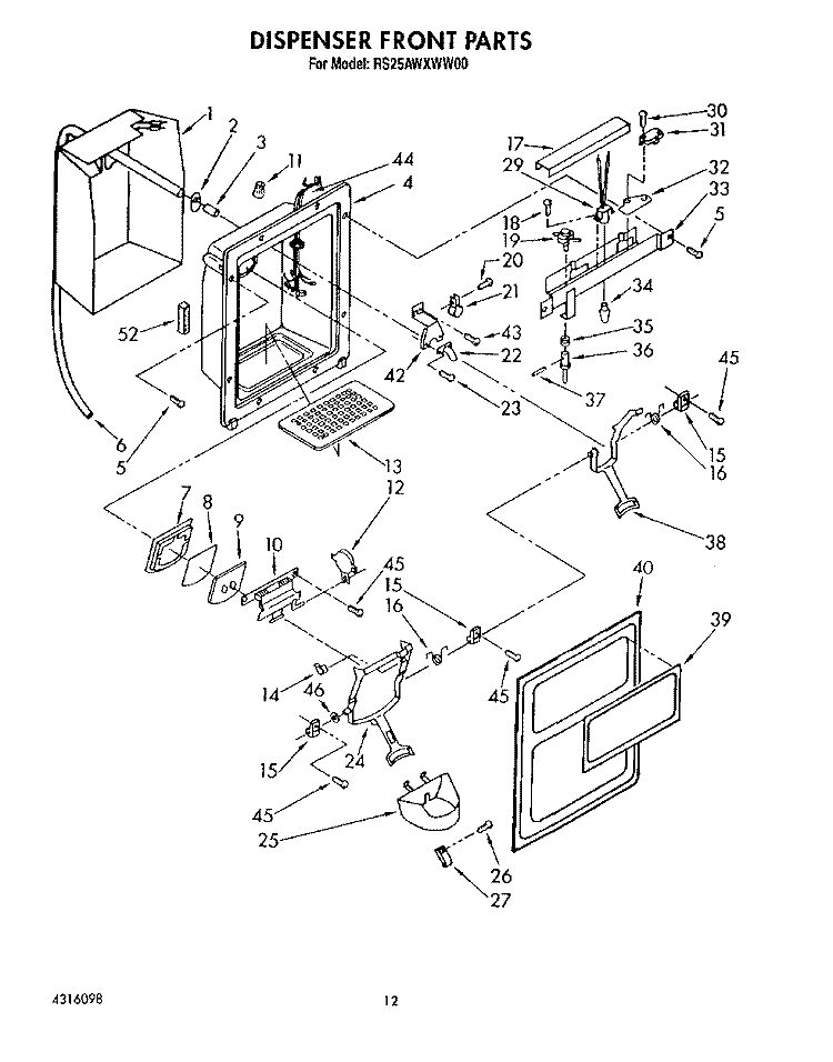 DISPENSER FRONT Diagram and Parts List for RS25AWXWL00  Roper Refrigerator