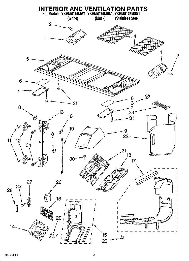 INTERIOR AND VENTILATION PARTS Diagram and Parts List for YKHMS175MBL1  KitchenAid Microwave