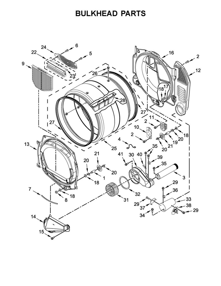Bulkhead Parts Diagram and Parts List for CGD9160GW0  Whirlpool Dryer