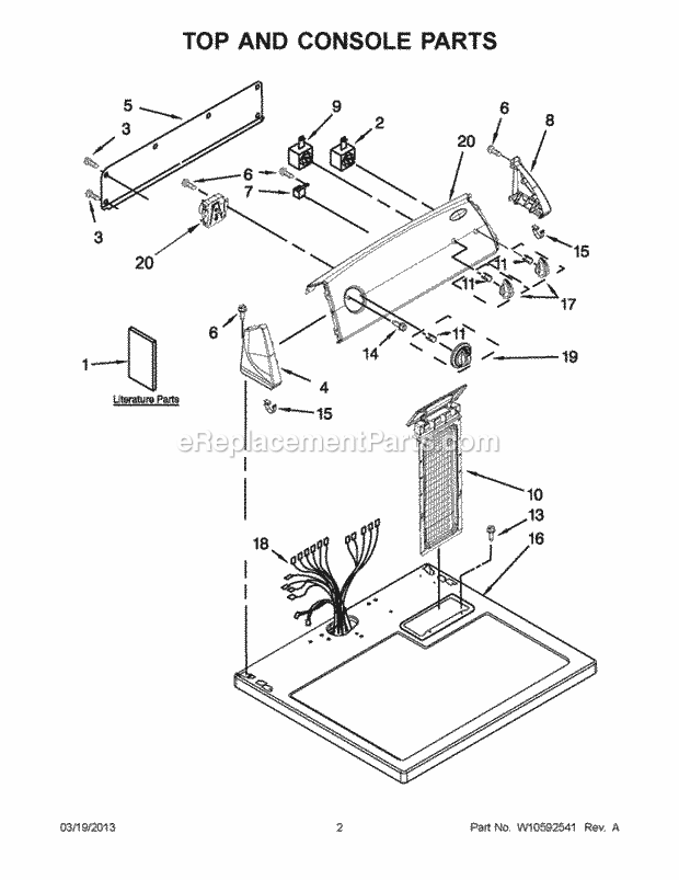 Top And Console Parts Diagram and Parts List for WED4800XQ3  Whirlpool Dryer