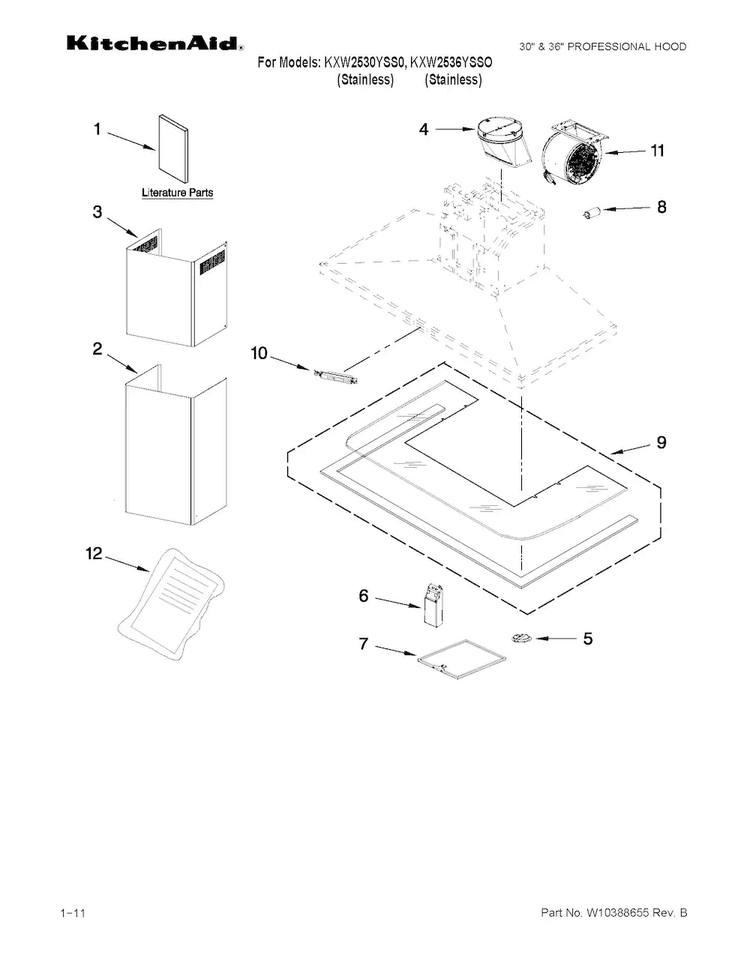 Hood Parts Diagram and Parts List for KXW2536YSS0  KitchenAid Range Hood