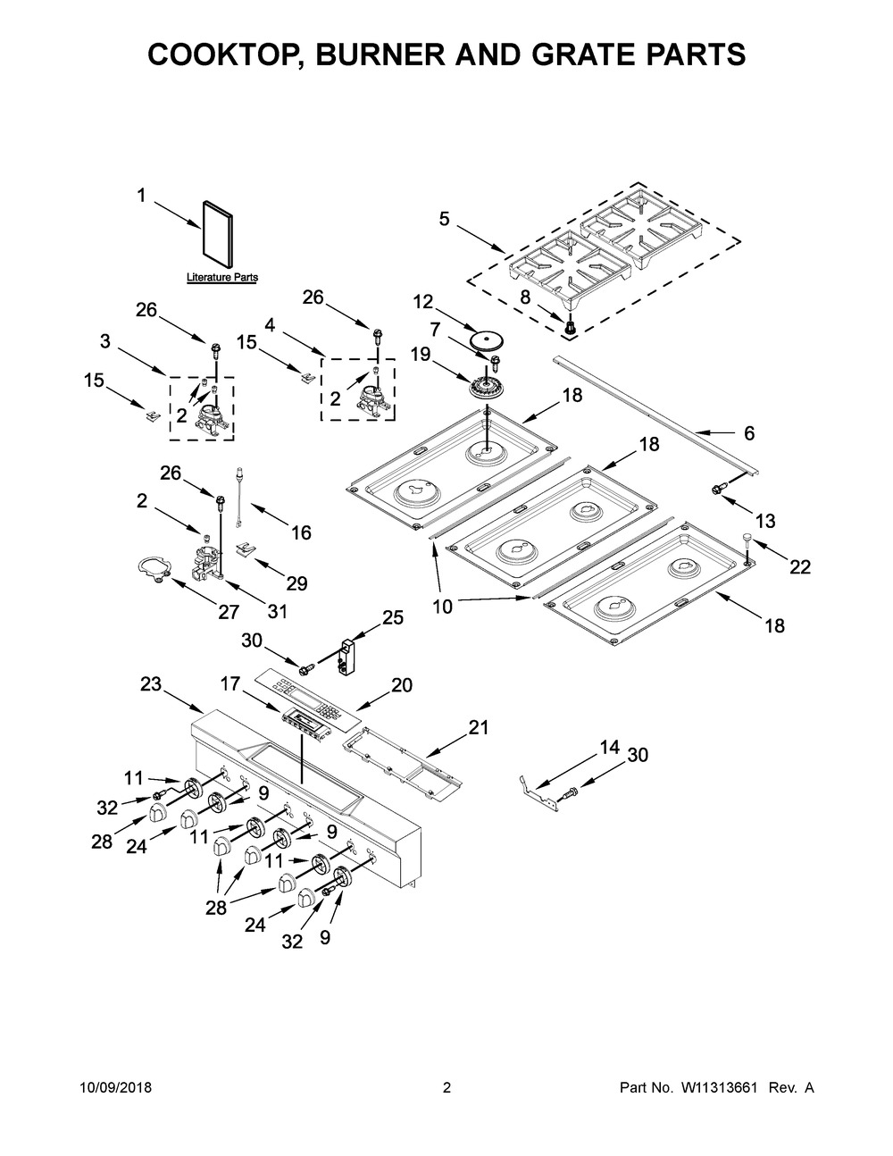 Cooktop, Burner And Grate Parts Diagram and Parts List for KDRS467VMB00  Whirlpool Range