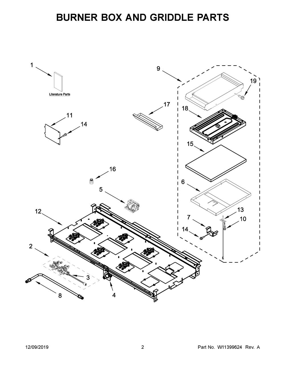 Burner Box And Griddle Parts Diagram and Parts List for KFDC558JYP00  Whirlpool Range