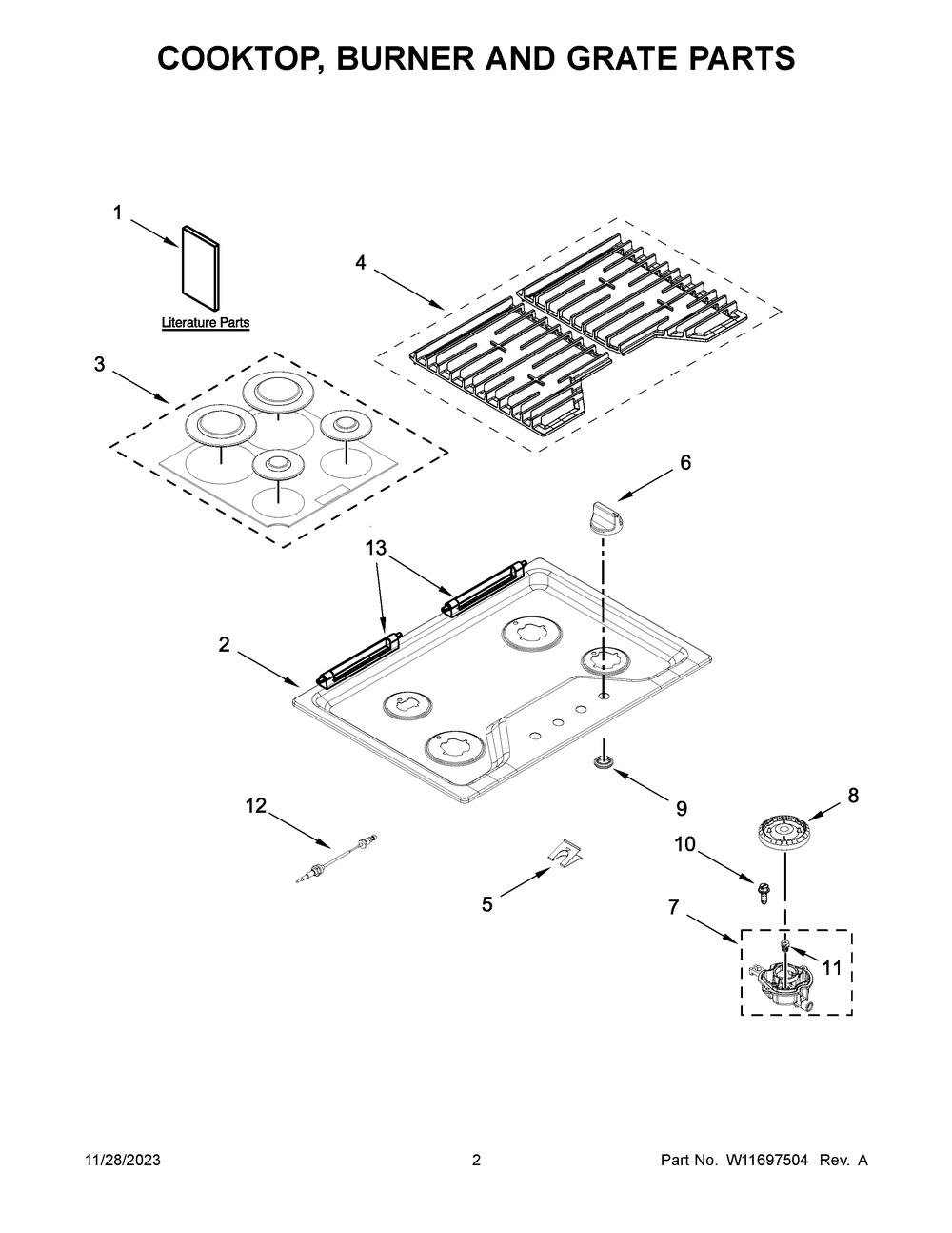 Cooktop, Burner And Grate Parts Diagram and Parts List for WCGK5030PW00  Whirlpool Cooktop