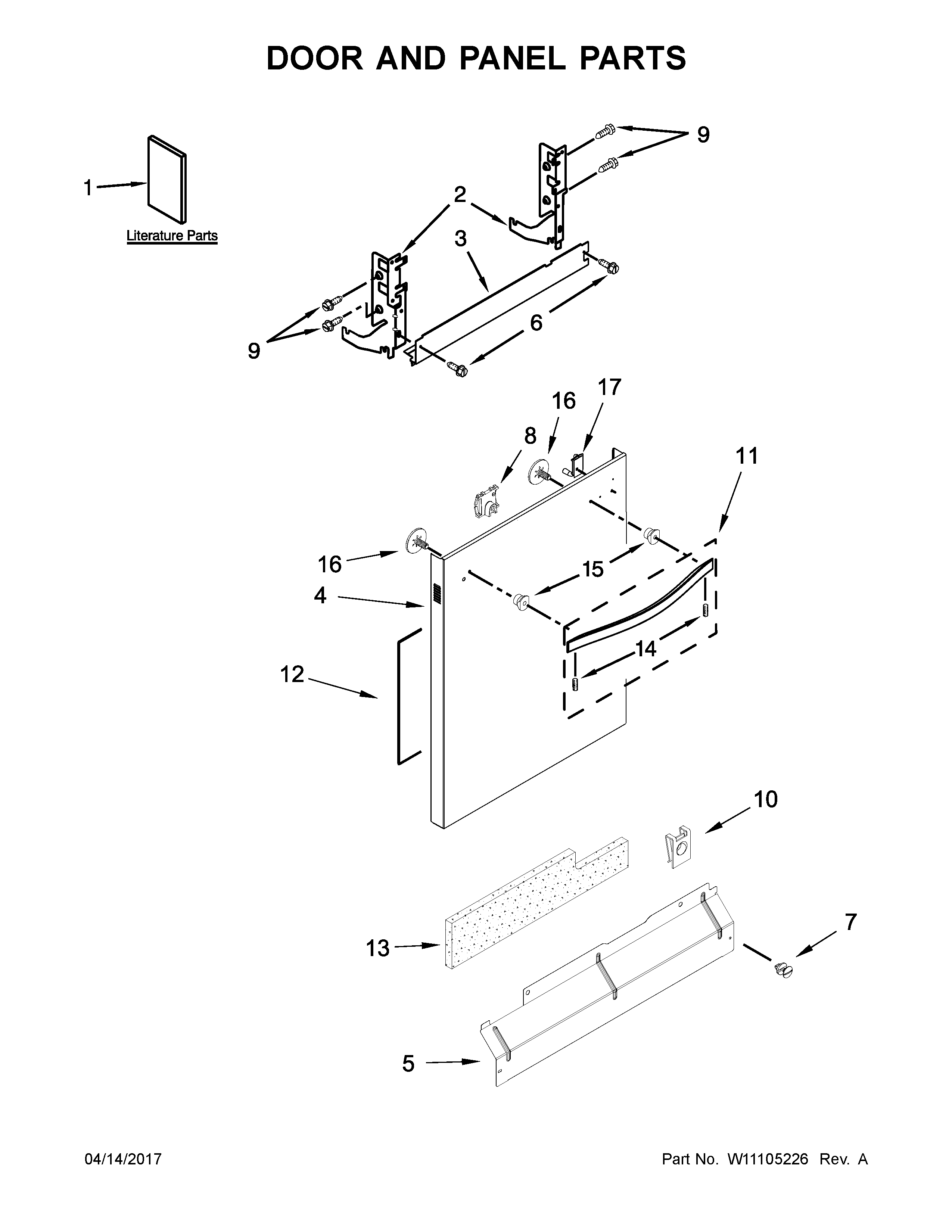 Door And Panel Parts Diagram and Parts List for 66514563N611  Kenmore Dishwasher