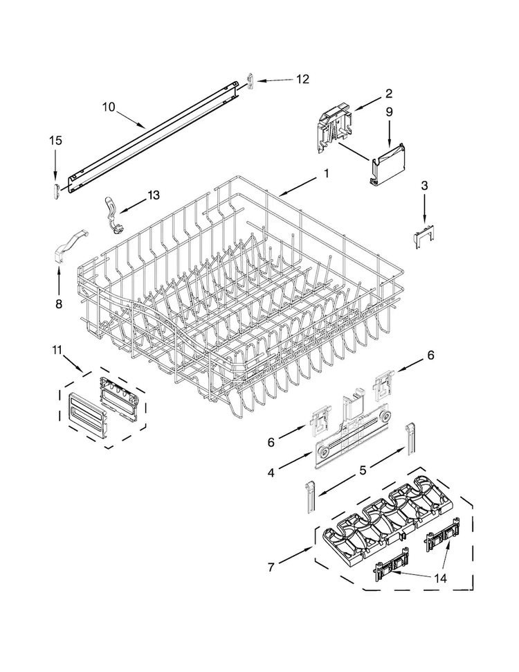 Upper Rack And Track Parts Diagram and Parts List for KUDE20FBWH1  KitchenAid Dishwasher