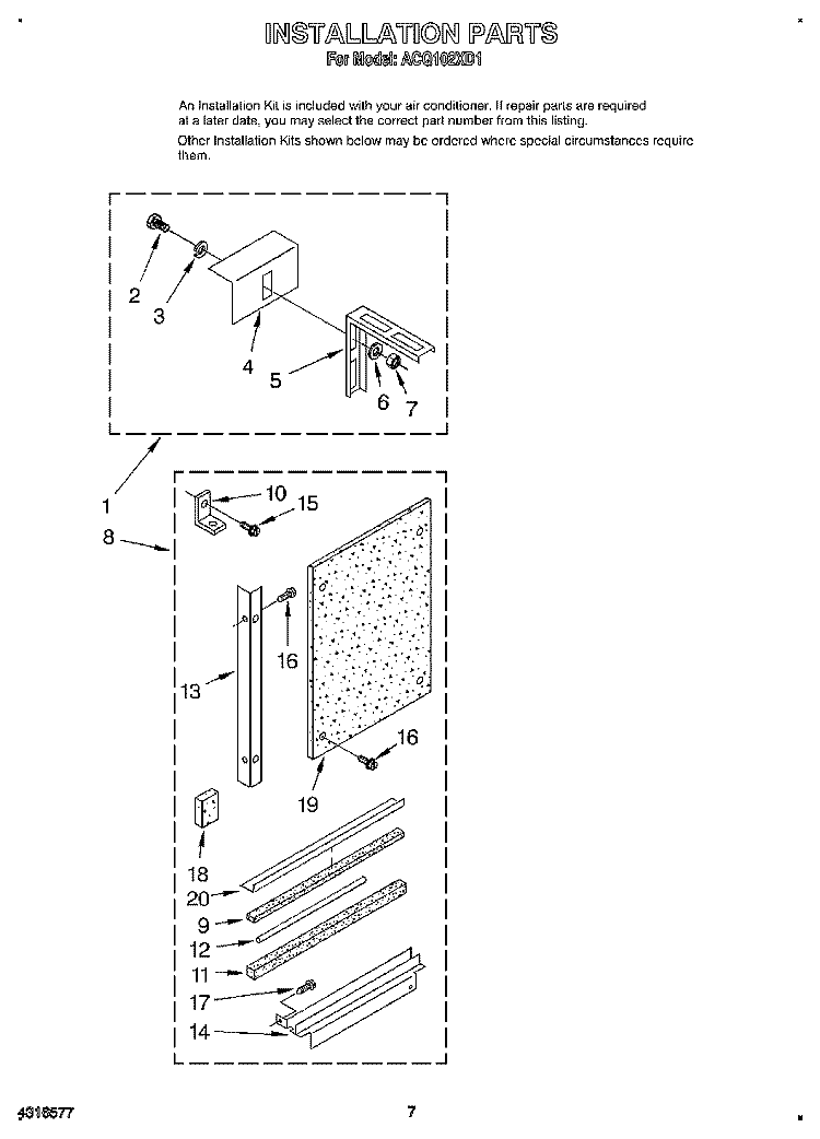 INSTALLATION Diagram and Parts List for ACQ102XD1  Whirlpool Air Conditioner