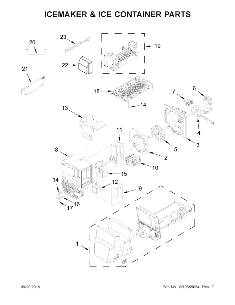Icemaker & Ice Container Parts Diagram and Parts List for WRX735SDBE00  Whirlpool Refrigerator
