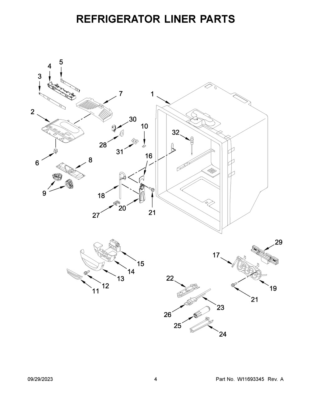 Refrigerator Liner Parts Diagram and Parts List for KRFC300EBS08  KitchenAid Refrigerator