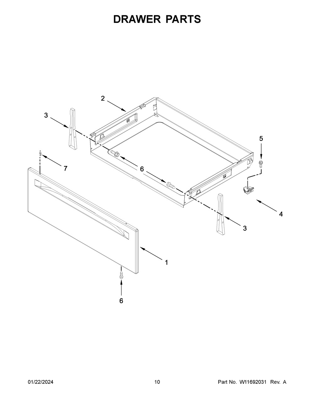 Drawer Parts Diagram and Parts List for WFE320M0JB4  Whirlpool Range