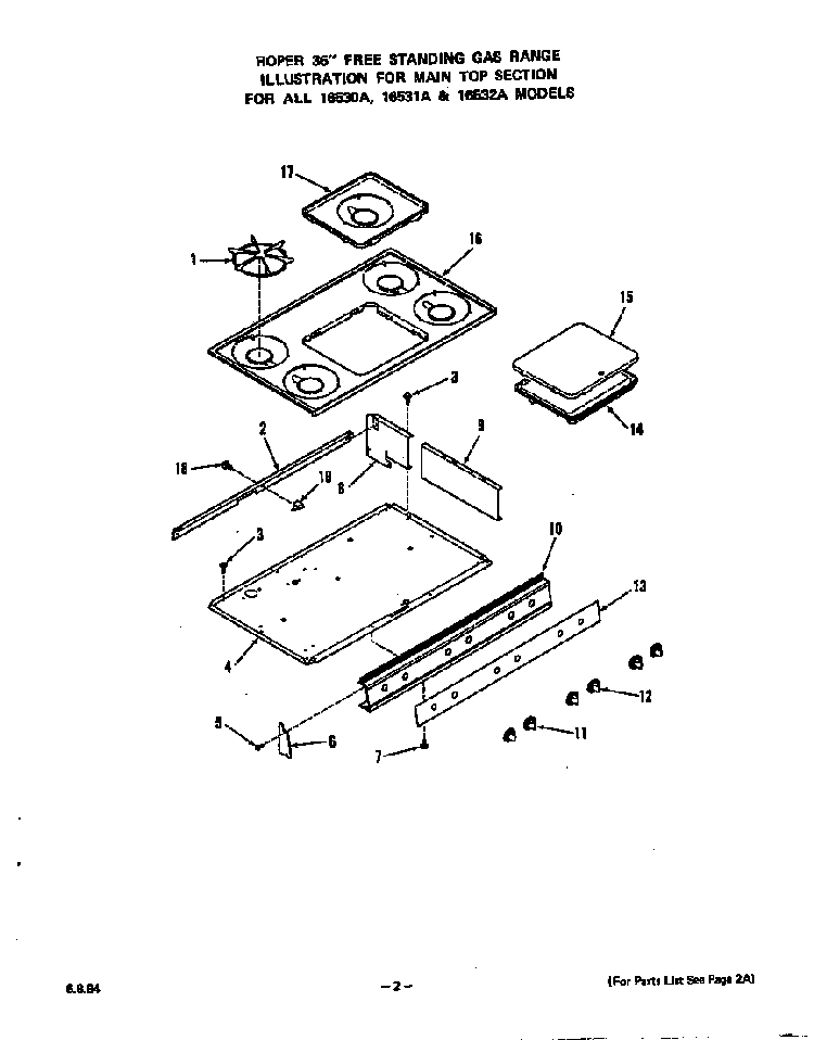 Main Top Diagram and Parts List for 1653*2A  Roper Range