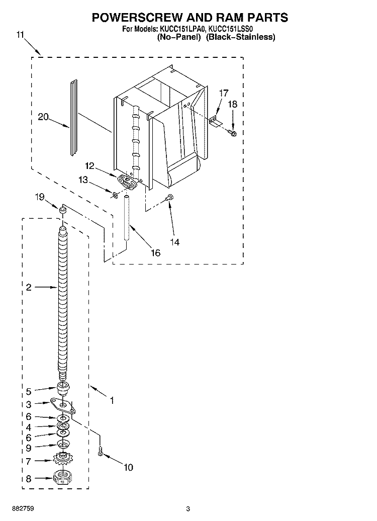 POWERSCREW AND RAM PARTS Diagram and Parts List for KUCC151LPA0  KitchenAid Trash Compactor