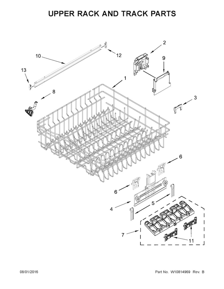 Upper Rack And Track Parts Diagram and Parts List for WDT780SAEM1  Whirlpool Dishwasher
