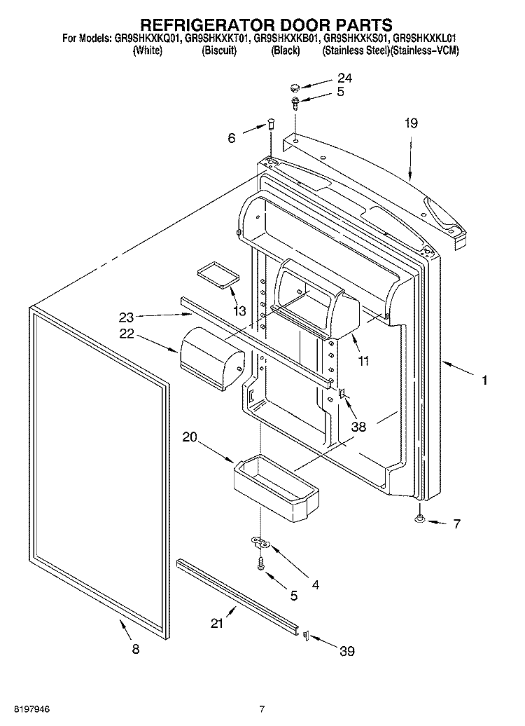 REFRIGERATOR DOOR Diagram and Parts List for GR9SHKXKT01  Whirlpool Refrigerator